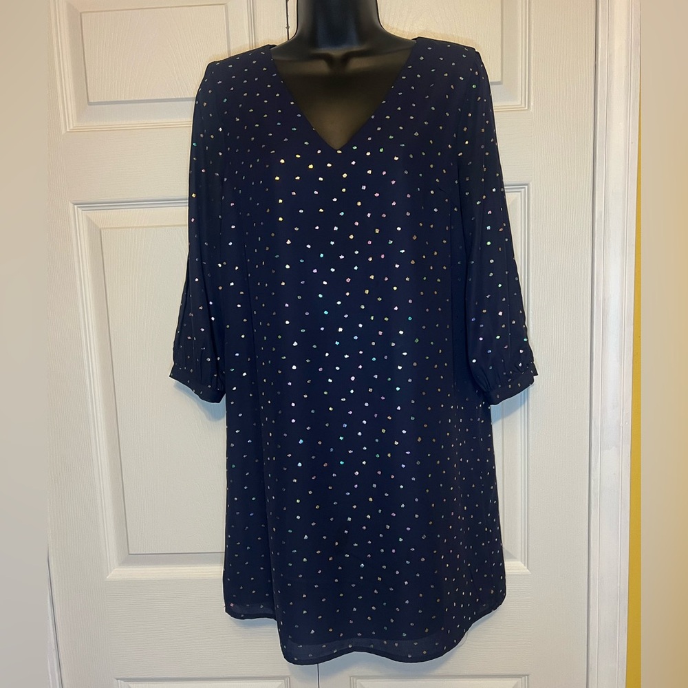 Skies Are Blue Sheath Dress Navy Blue V-neck Iridescent Dots Long Slit Sleeves S